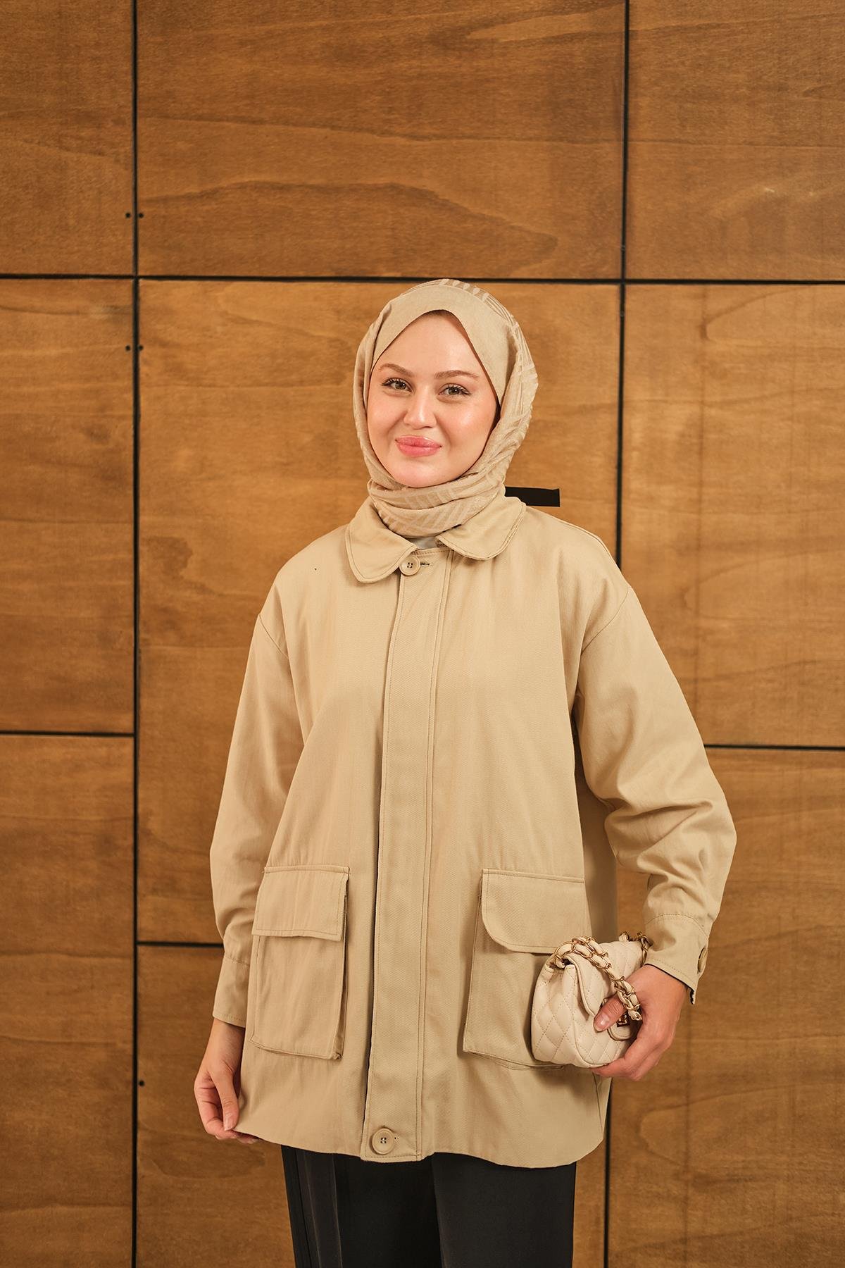 Fermuarlı Gabardin Ceket Taş