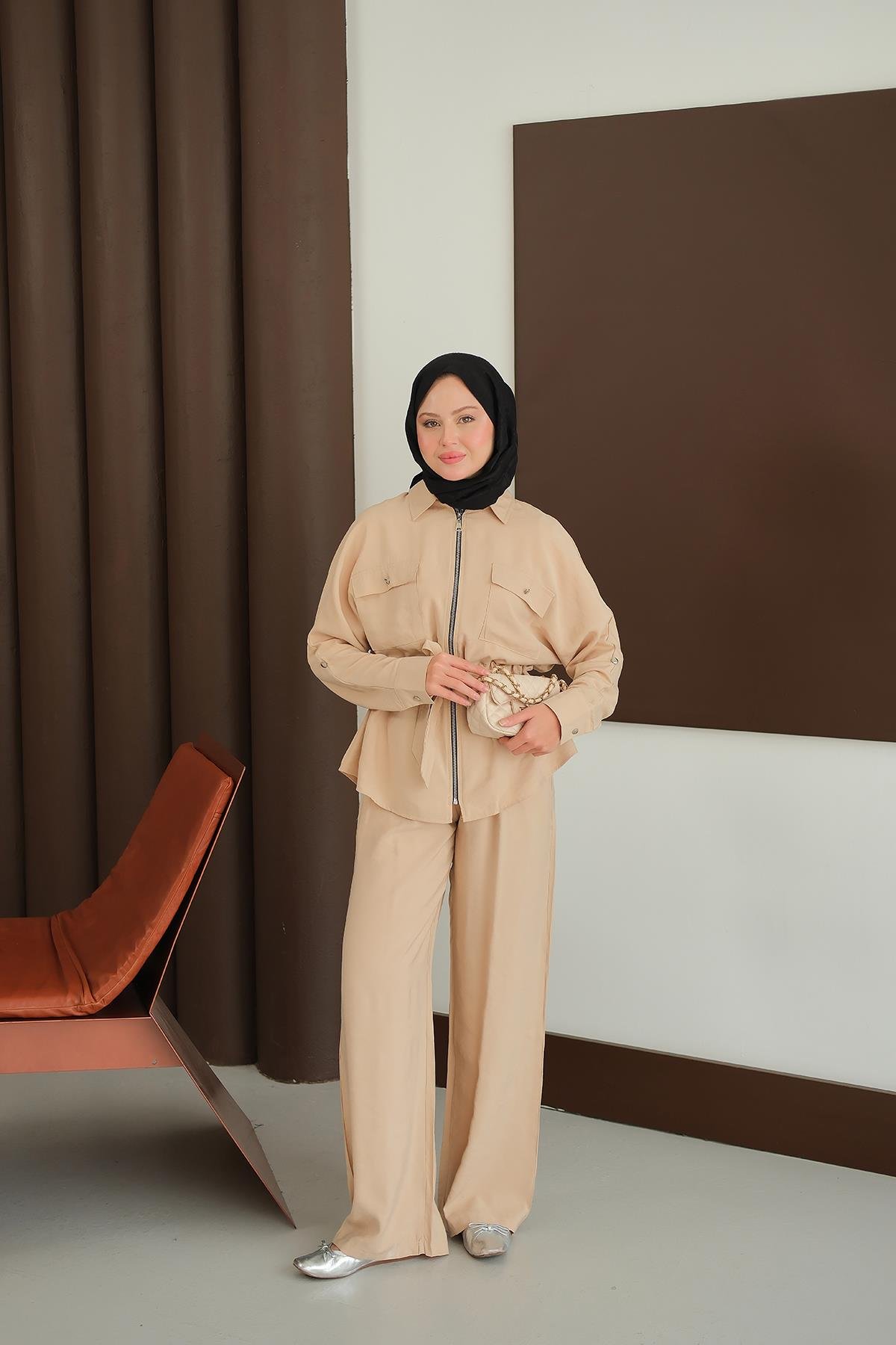 Fermuarlı İkili Takım Krem