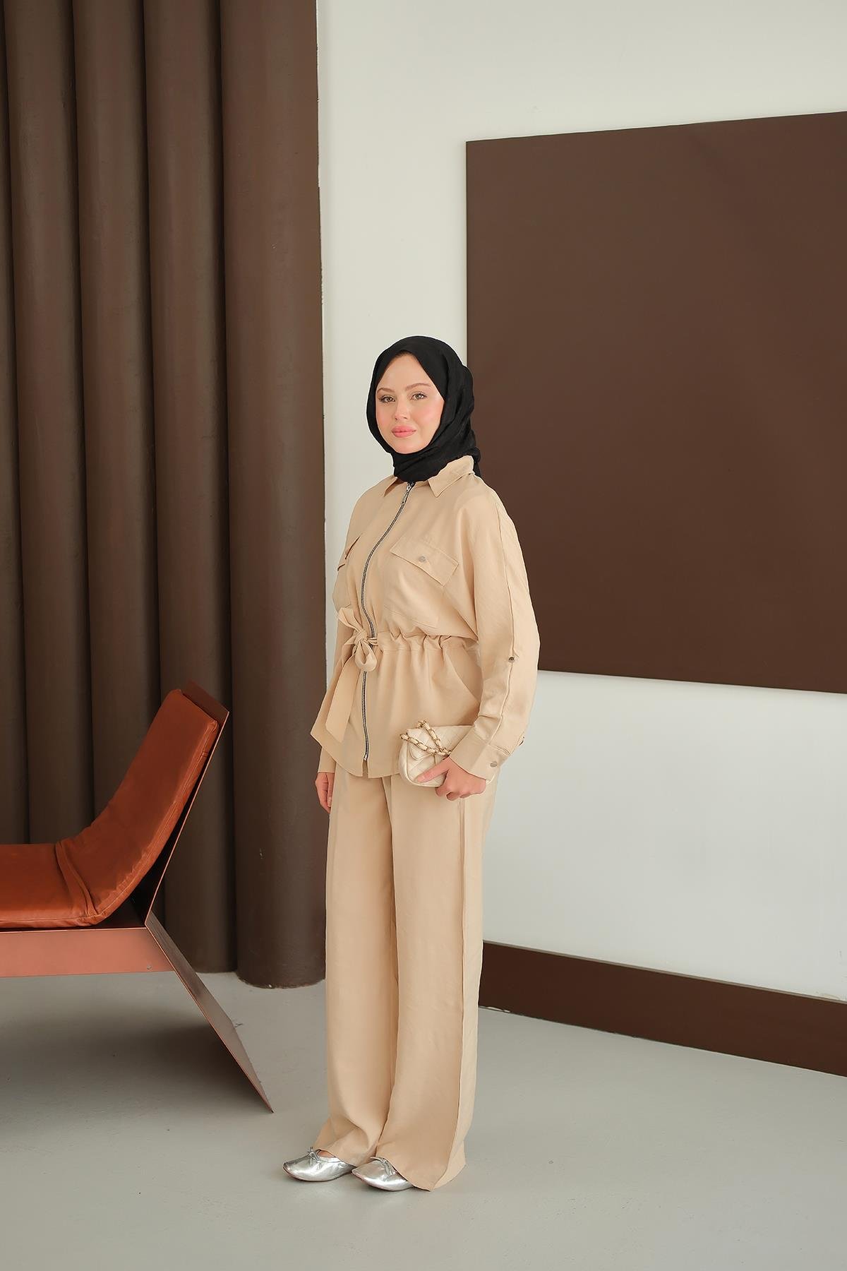 Fermuarlı İkili Takım Krem