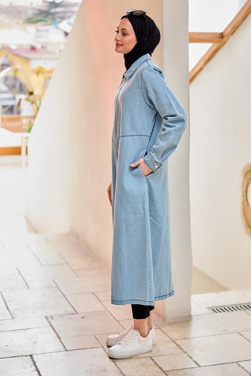 Fermuarlı Midi Boy Kot Ceket  Buz Mavi
