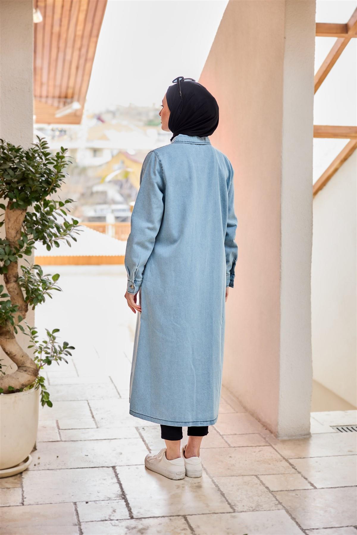 Fermuarlı Midi Boy Kot Ceket  Buz Mavi