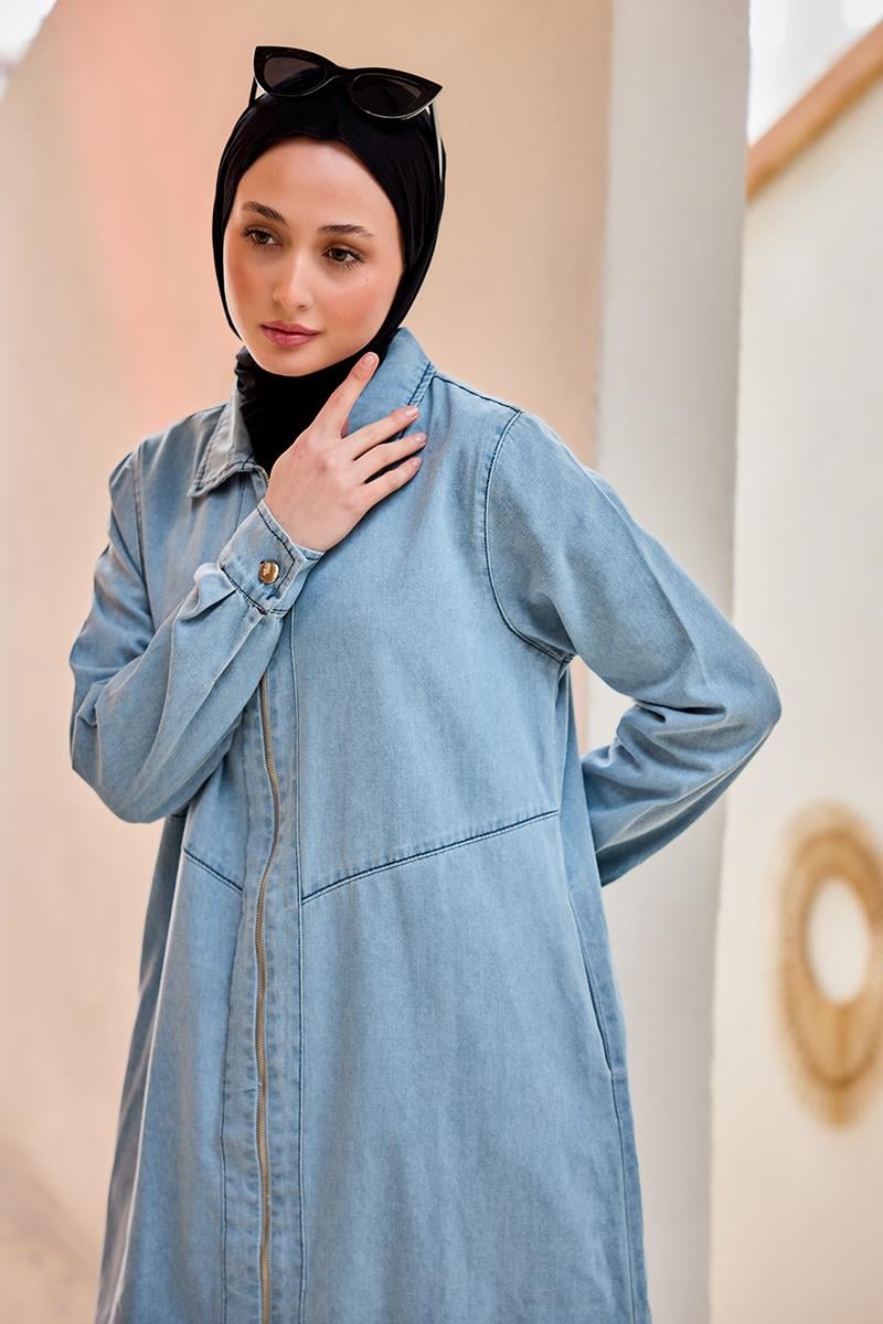 Fermuarlı Midi Boy Kot Ceket  Buz Mavi