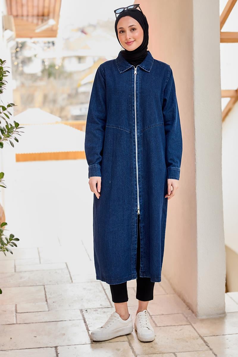 Fermuarlı Midi Boy Kot Ceket  Lacivert