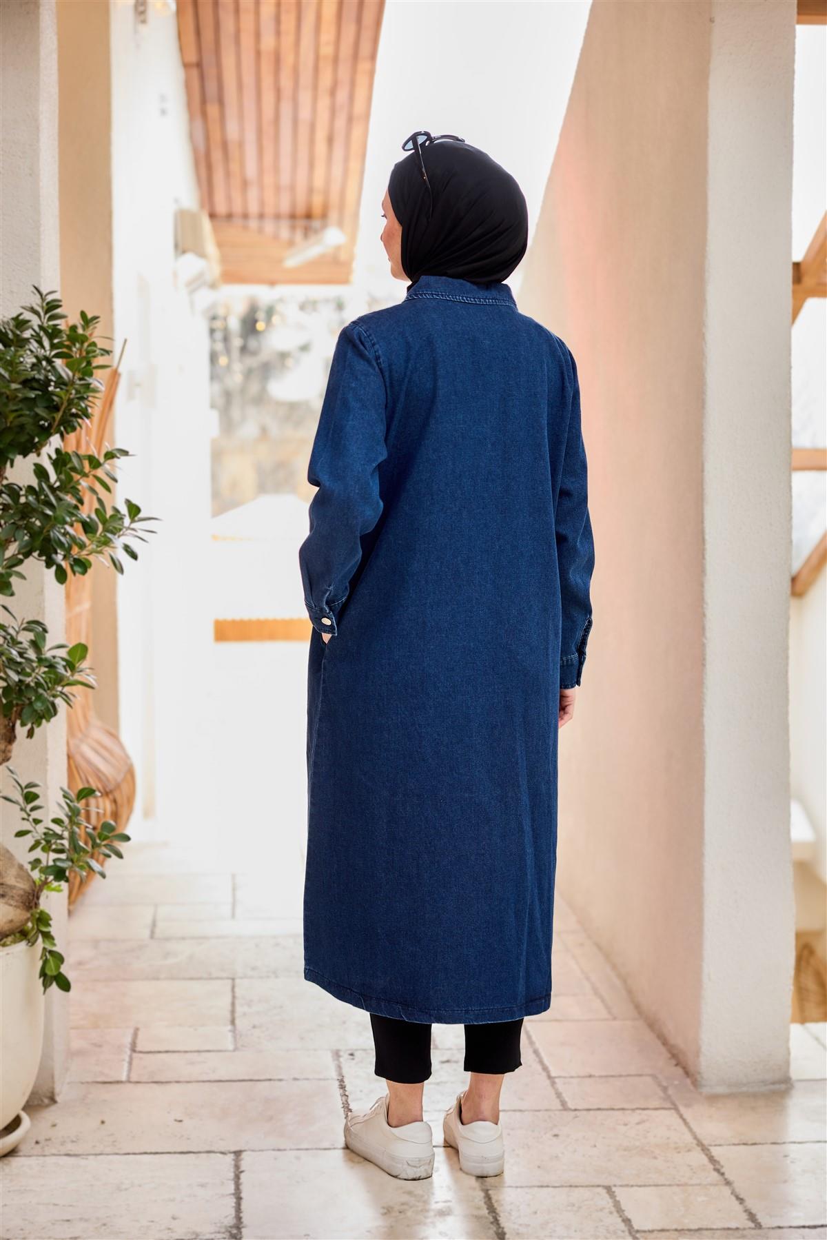 Fermuarlı Midi Boy Kot Ceket  Lacivert