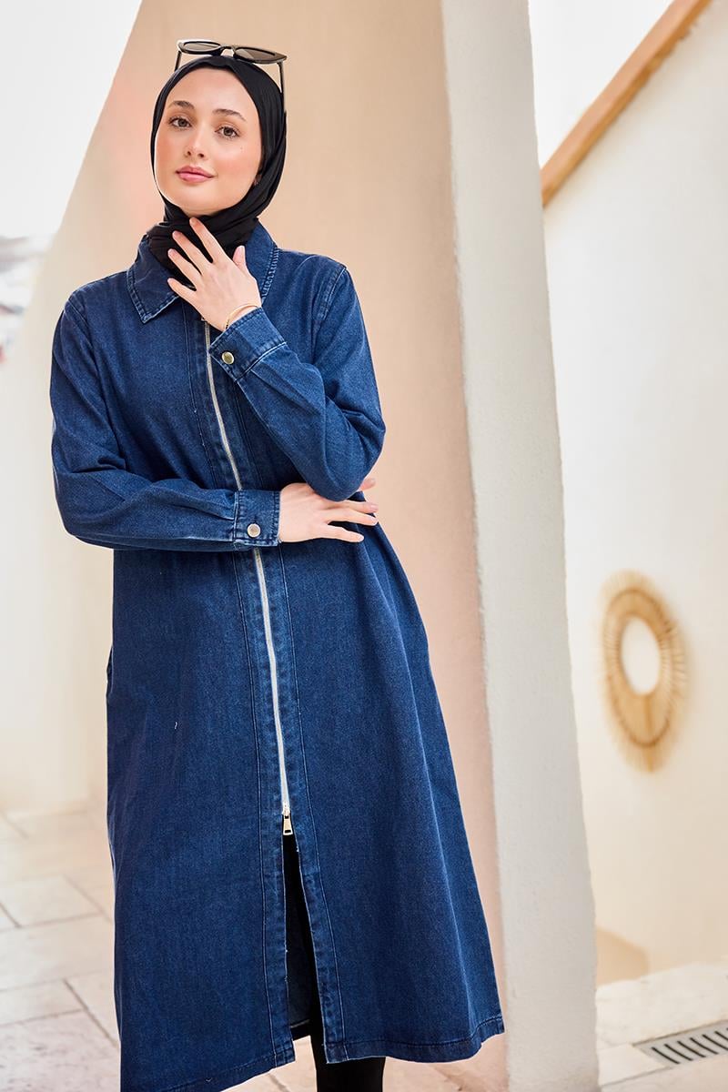 Fermuarlı Midi Boy Kot Ceket  Lacivert