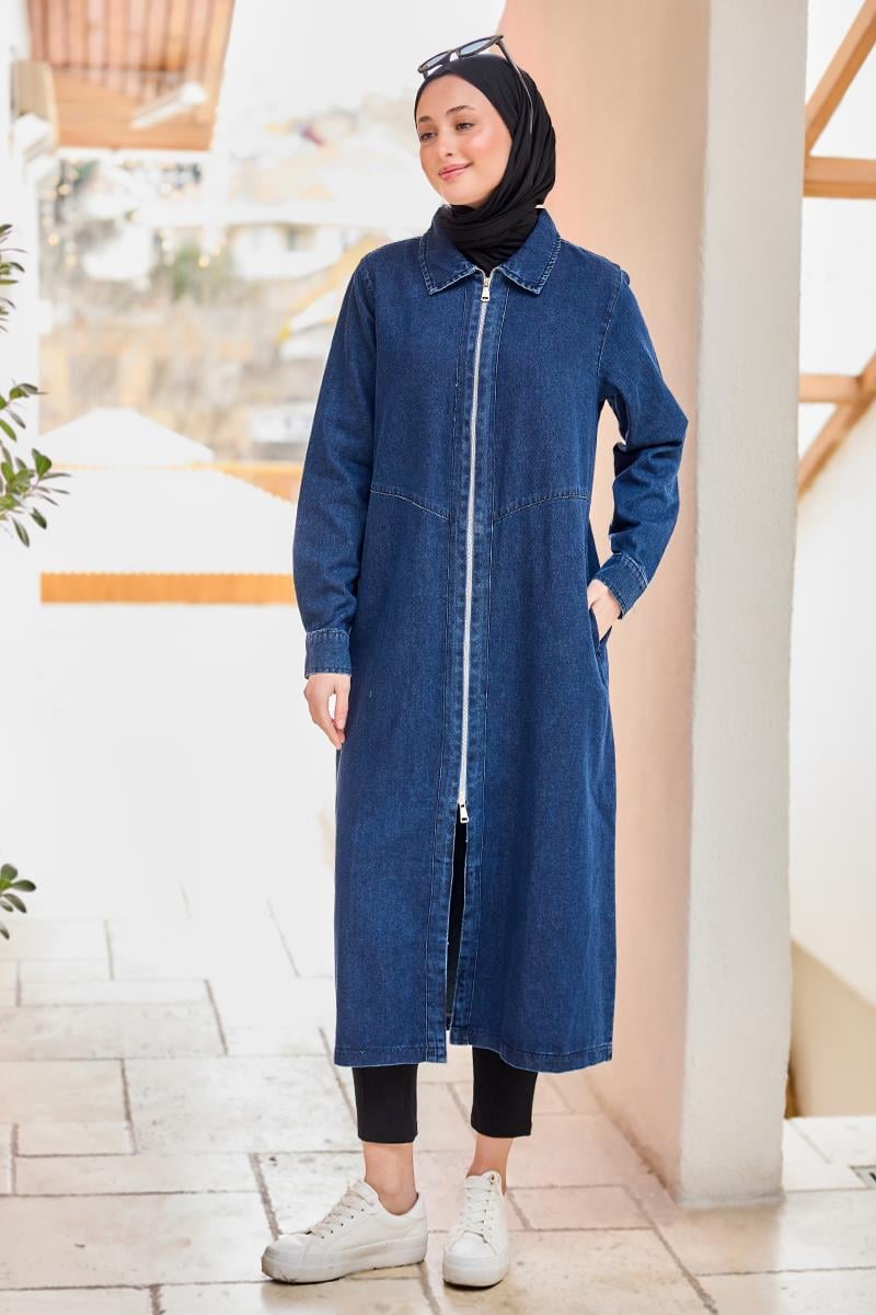 Fermuarlı Midi Boy Kot Ceket  Lacivert