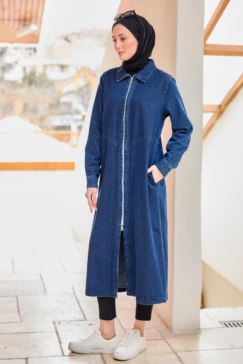 Fermuarlı Midi Boy Kot Ceket  Lacivert