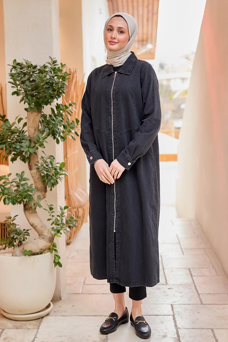 Fermuarlı Midi Boy Kot Ceket  Siyah