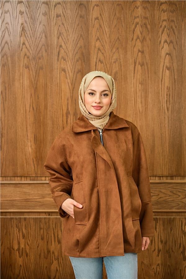 Fermuarlı Süet Ceket Kahverengi