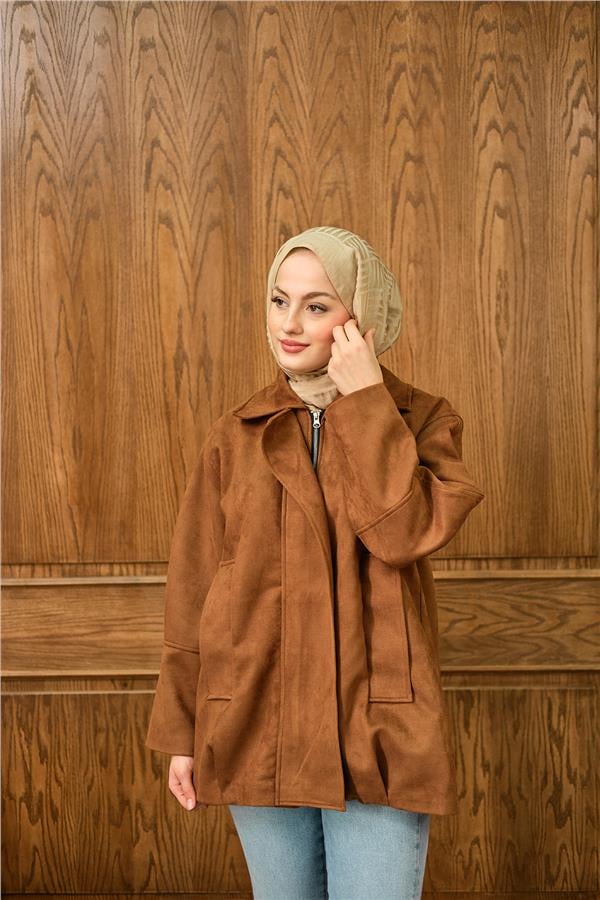 Fermuarlı Süet Ceket Kahverengi