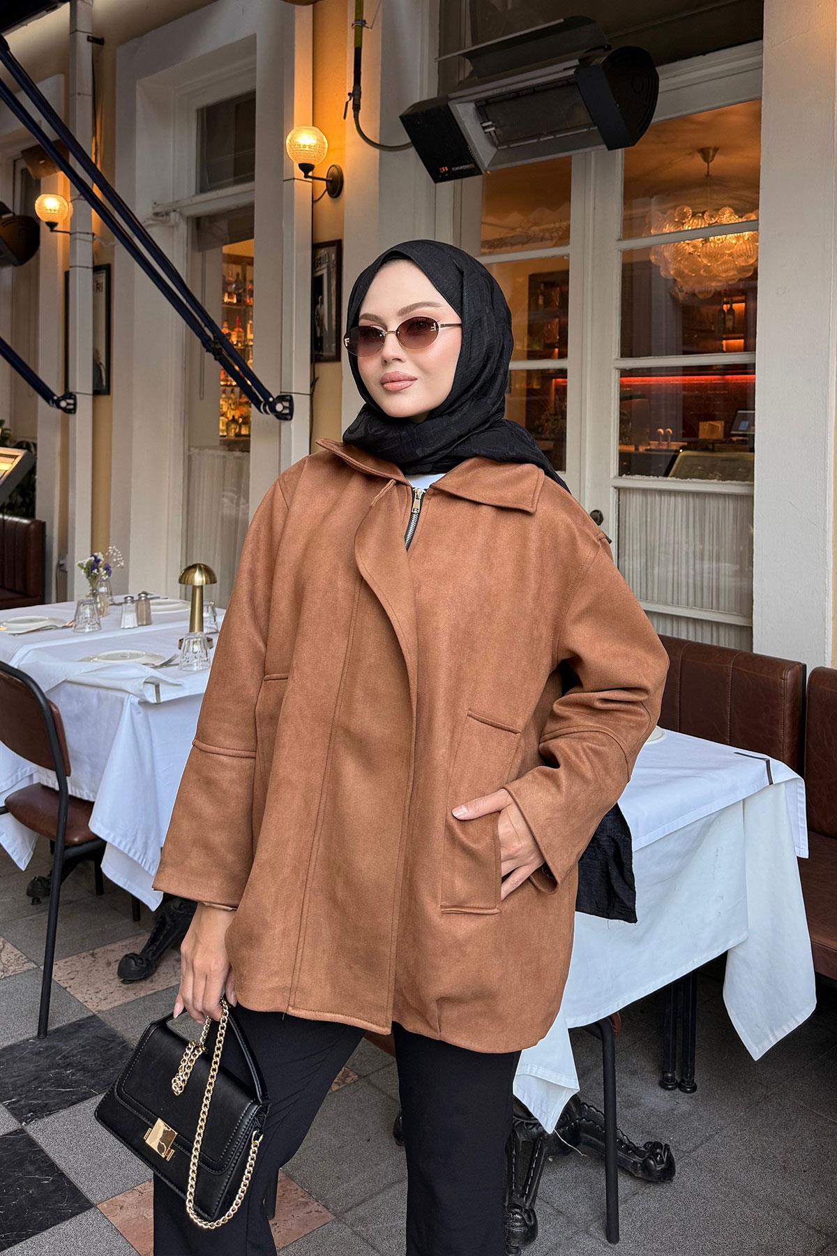 Fermuarlı Süet Ceket Taba