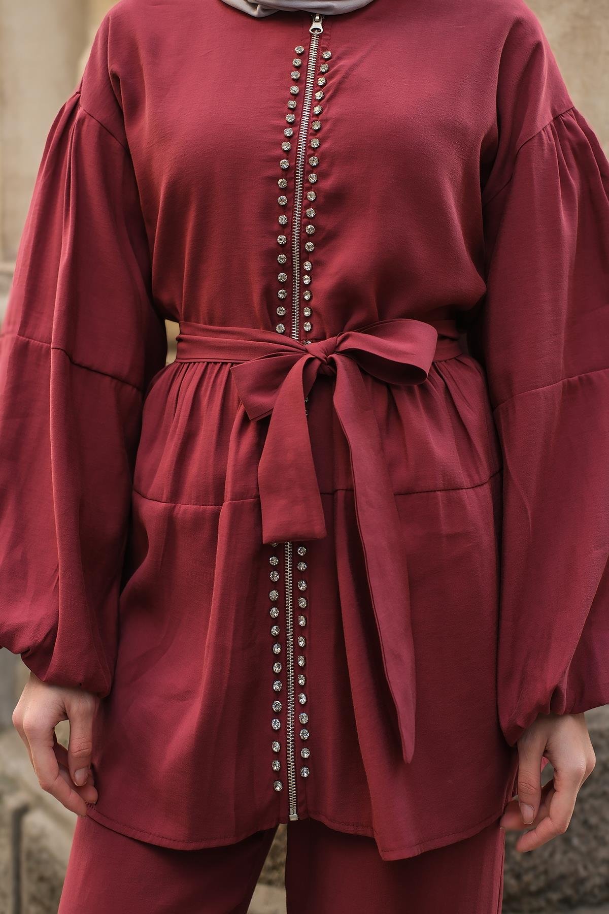 Fermuarlı Taş Detaylı İkili Takım Bordo