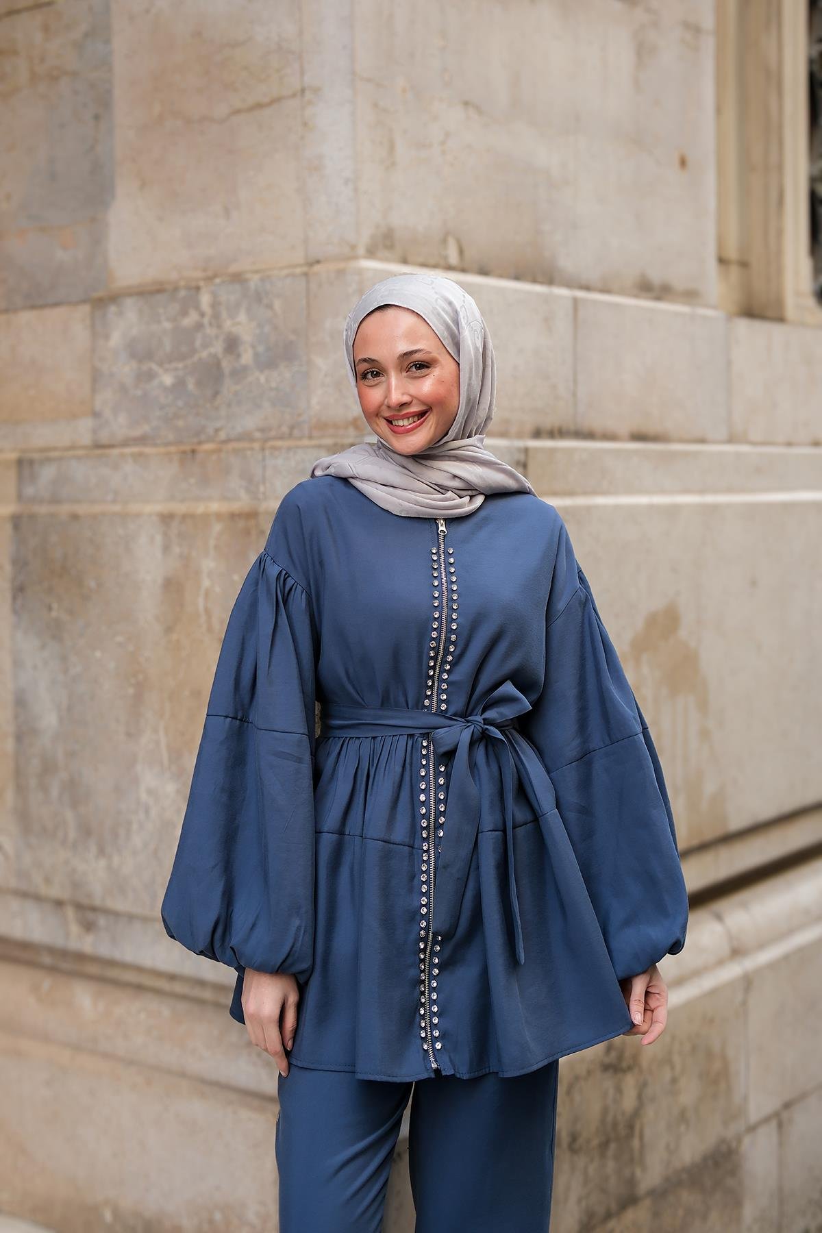 Fermuarlı Taş Detaylı İkili Takım İndigo Mavi