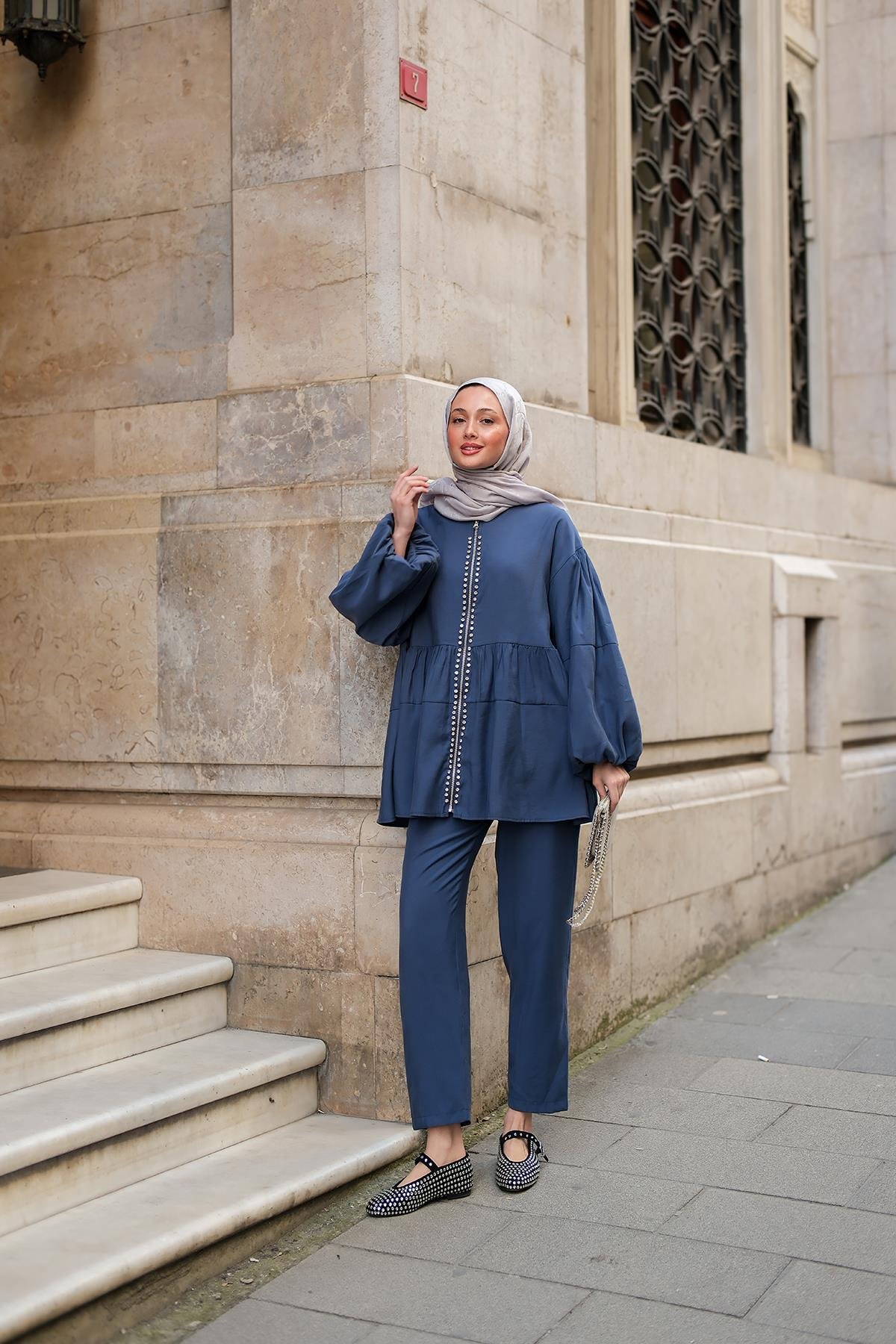 Fermuarlı Taş Detaylı İkili Takım İndigo Mavi
