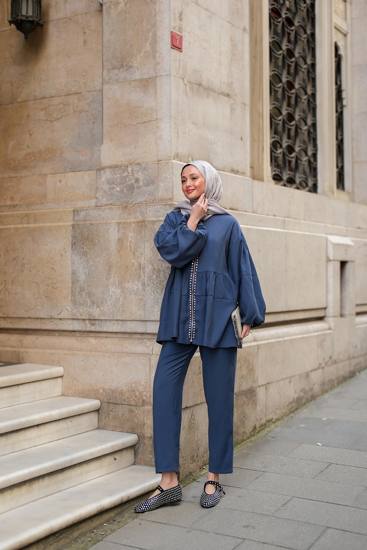 Fermuarlı Taş Detaylı İkili Takım İndigo Mavi