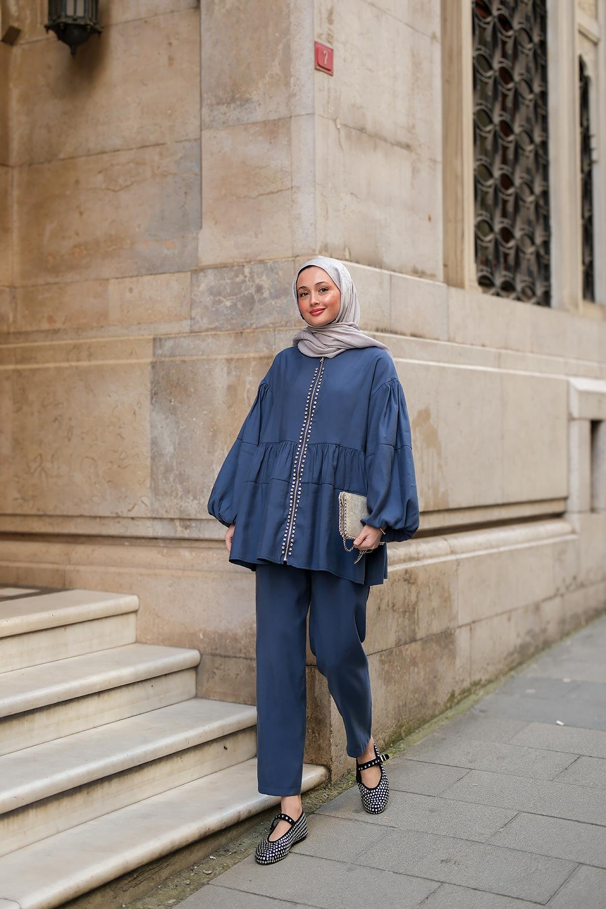Fermuarlı Taş Detaylı İkili Takım İndigo Mavi