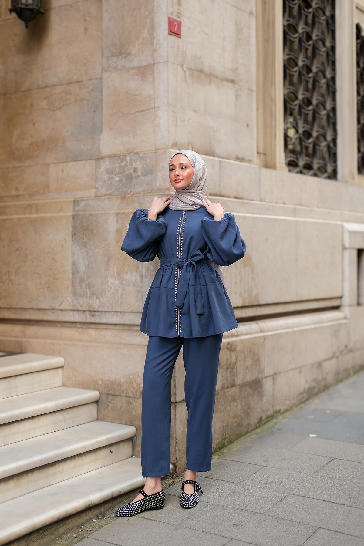 Fermuarlı Taş Detaylı İkili Takım İndigo Mavi