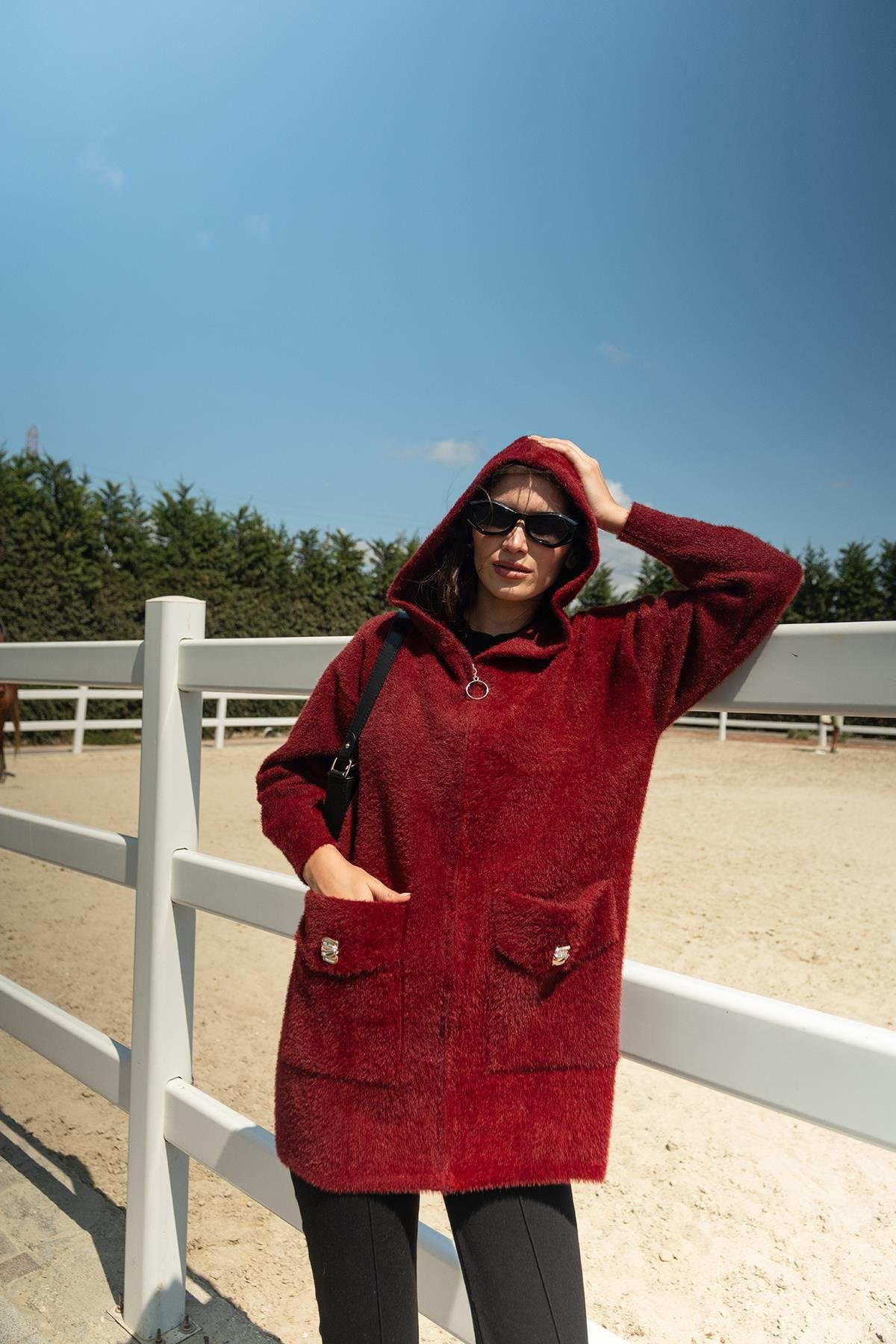 Fermuarlı Triko Ceket Bordo