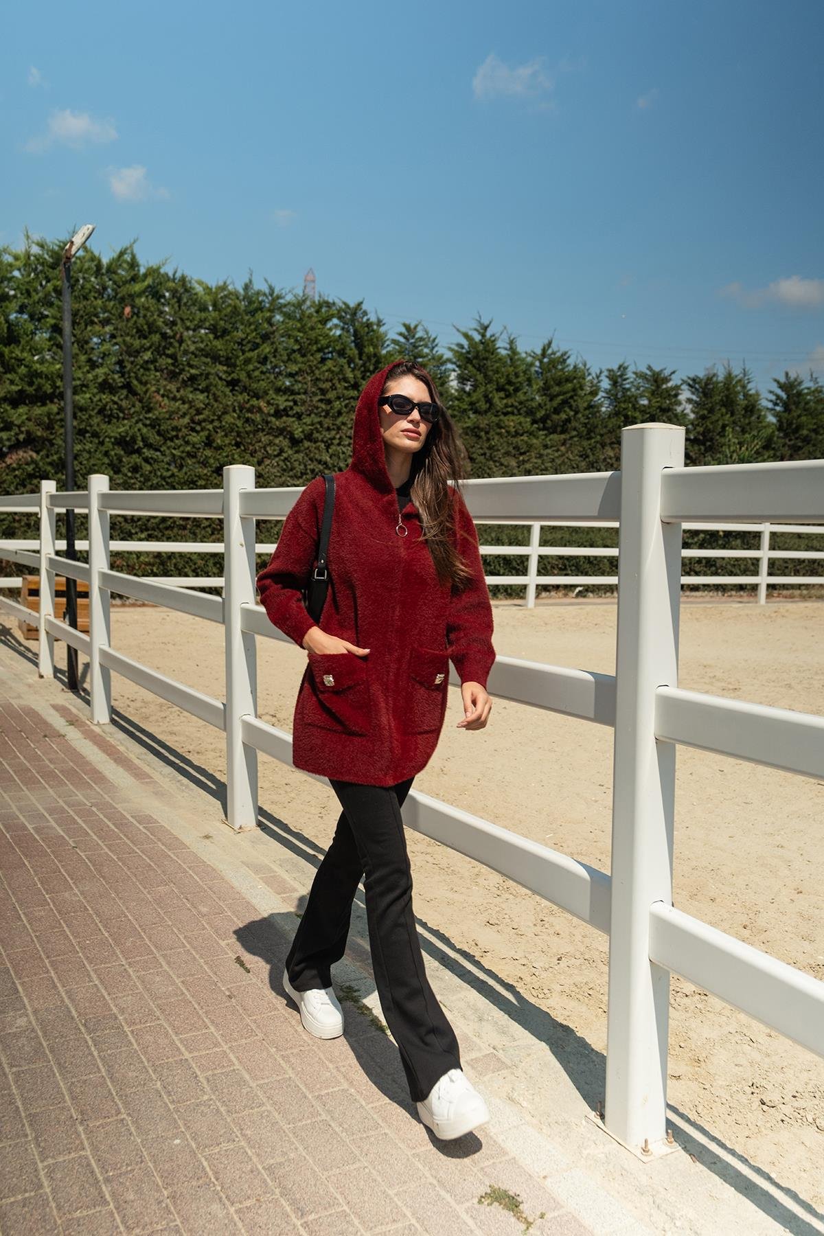 Fermuarlı Triko Ceket Bordo