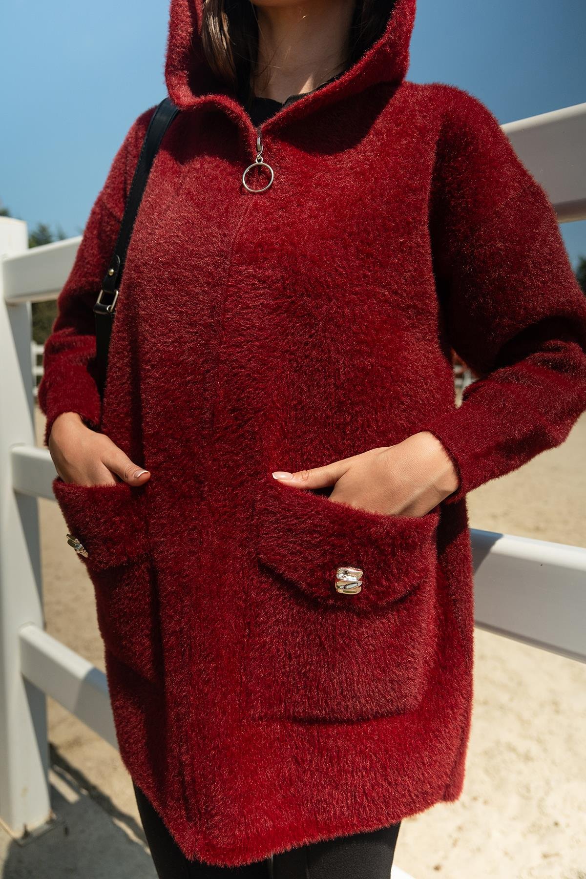 Fermuarlı Triko Ceket Bordo