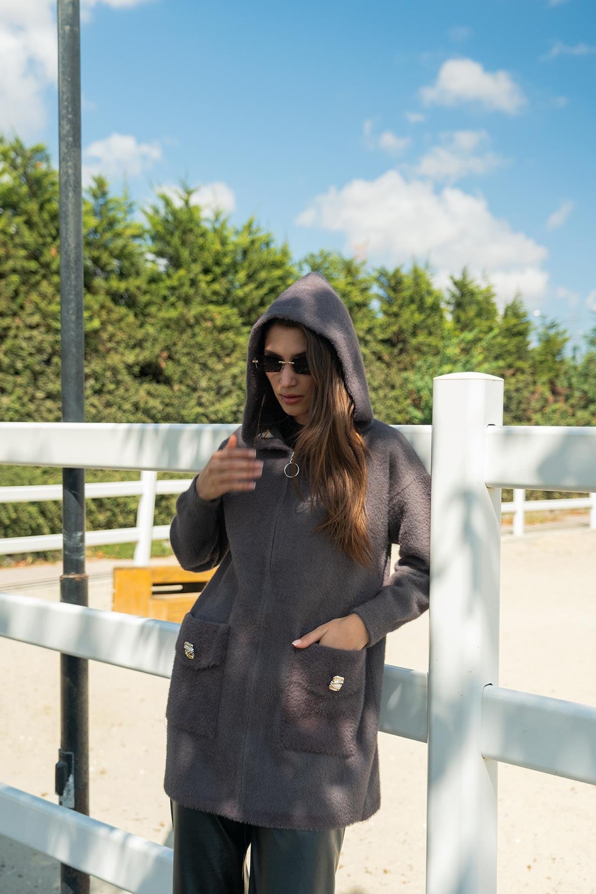 Fermuarlı Triko Ceket Füme