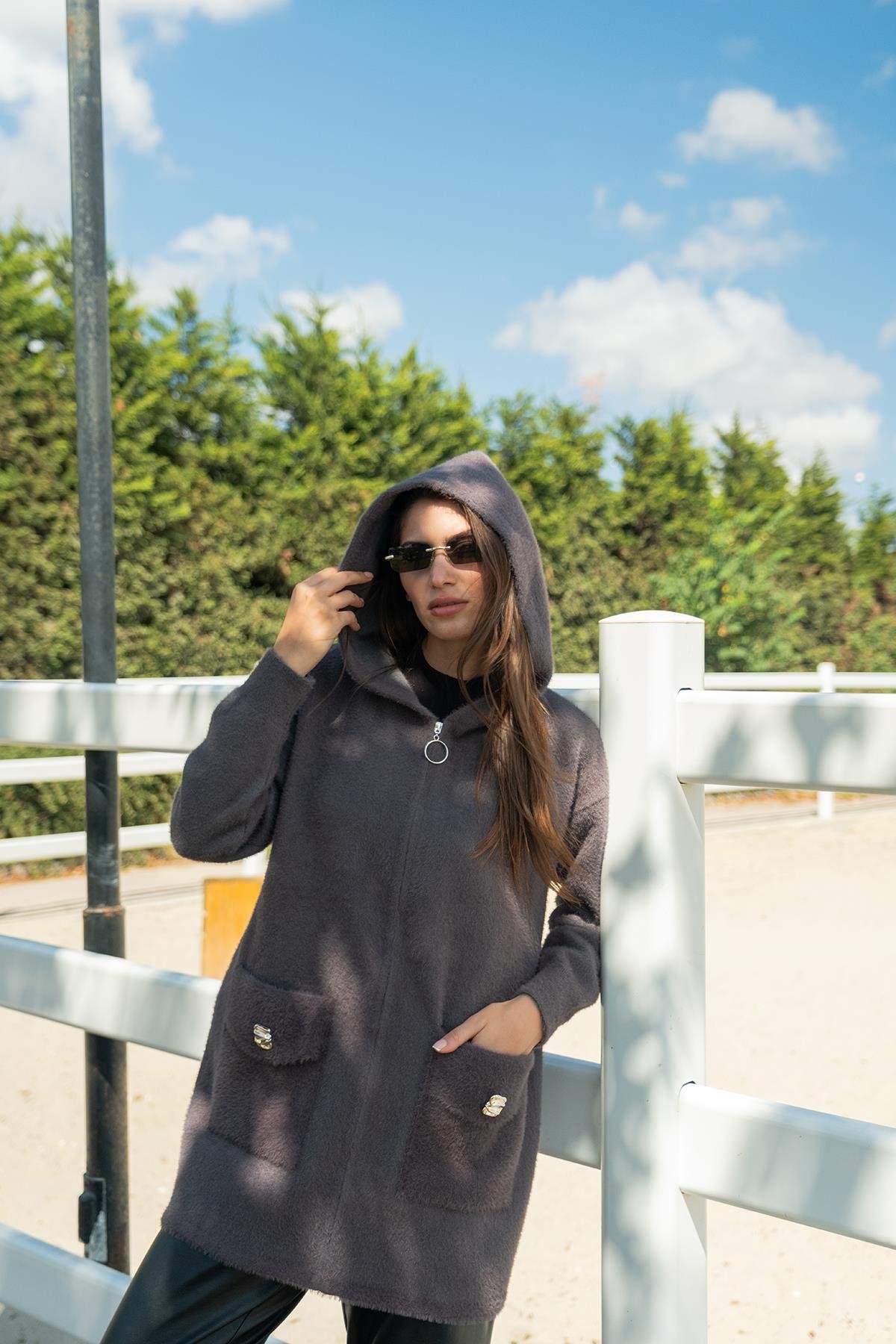 Fermuarlı Triko Ceket Füme