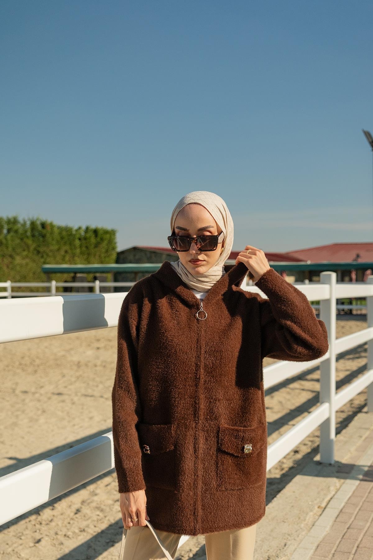 Fermuarlı Triko Ceket Kahverengi
