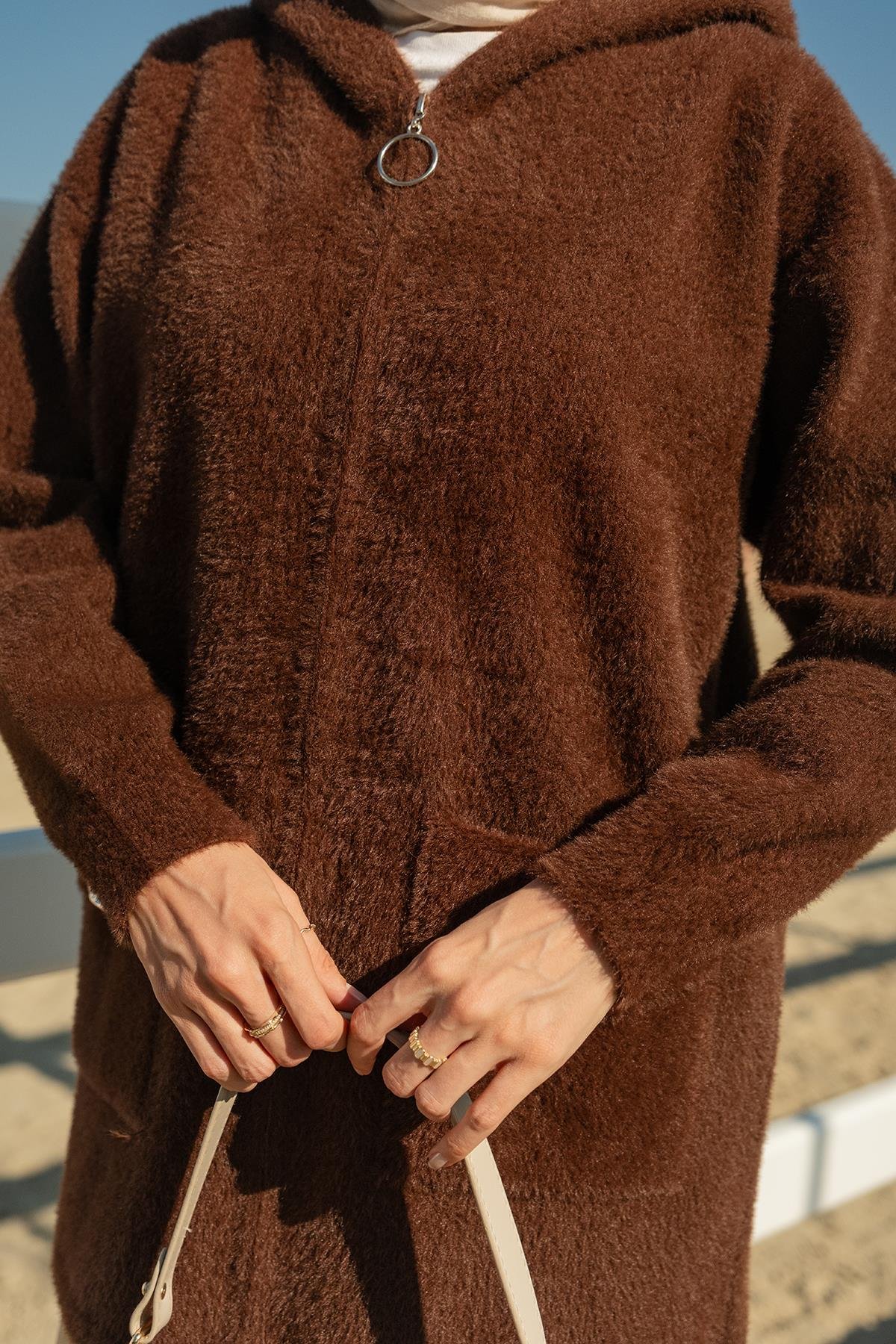 Fermuarlı Triko Ceket Kahverengi