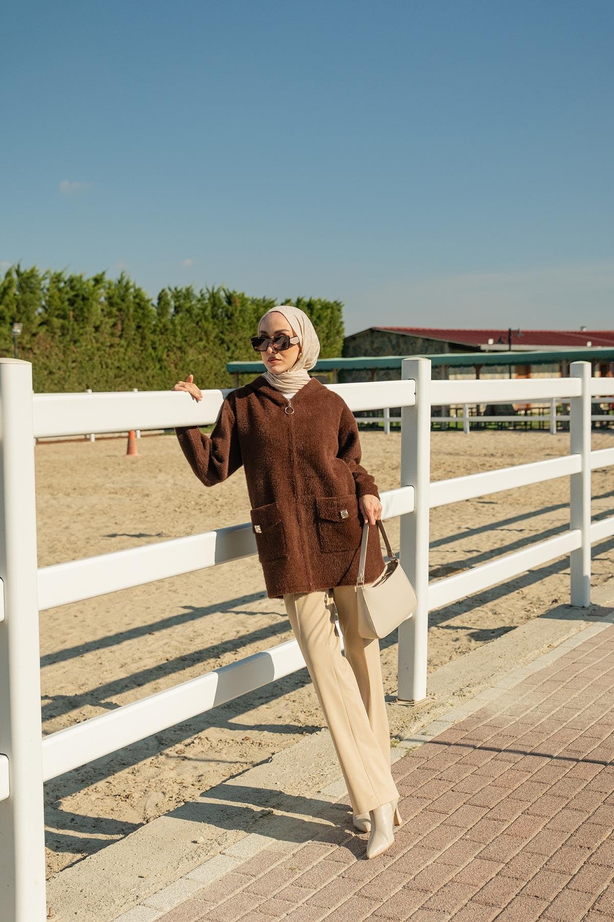 Fermuarlı Triko Ceket Kahverengi