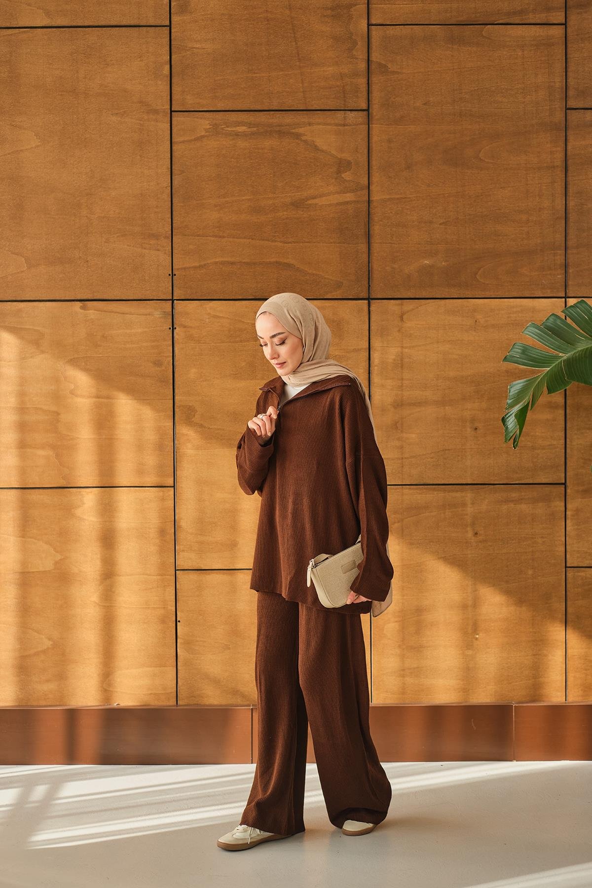 Fermuarlı Triko Takım Kahverengi