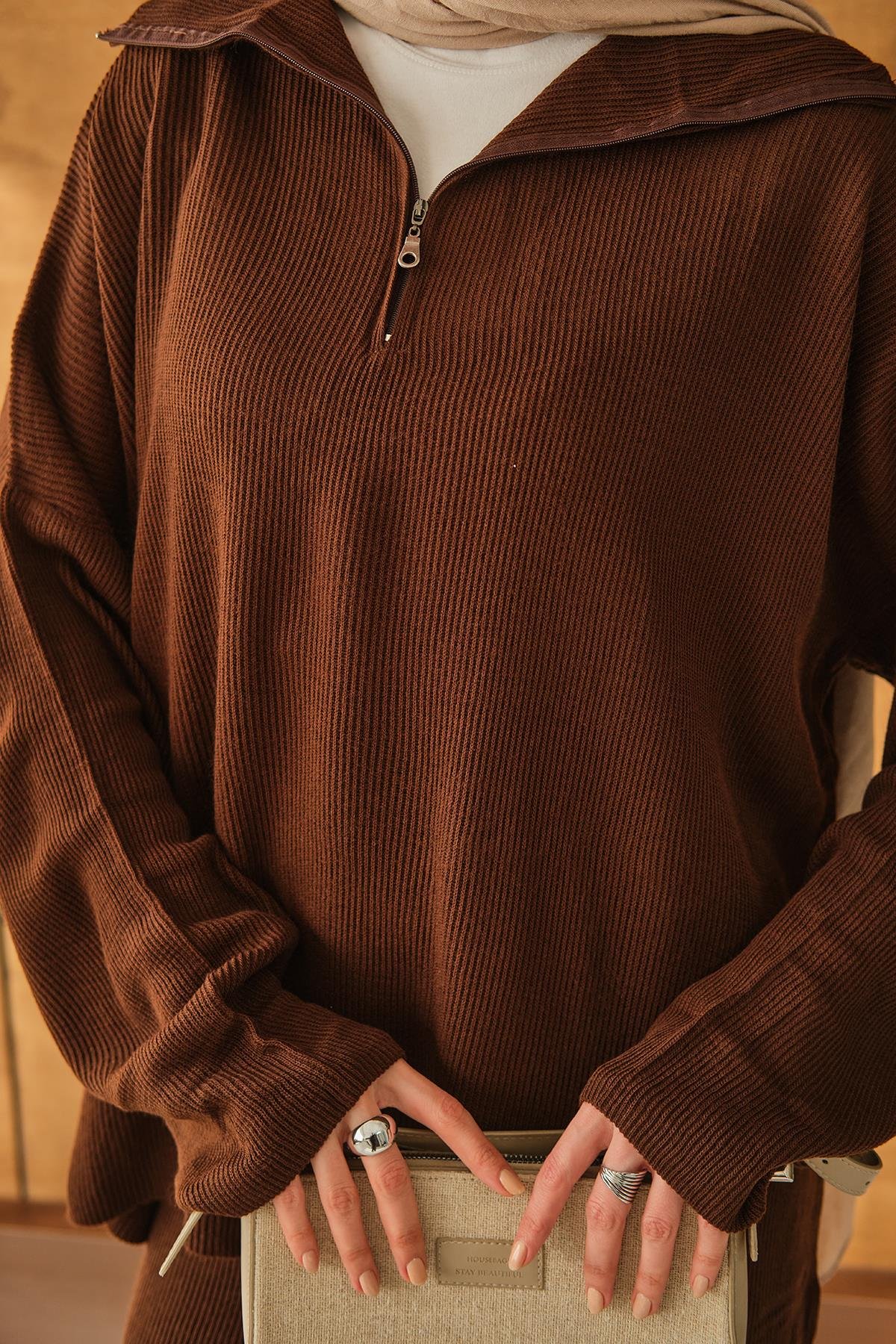 Fermuarlı Triko Takım Kahverengi