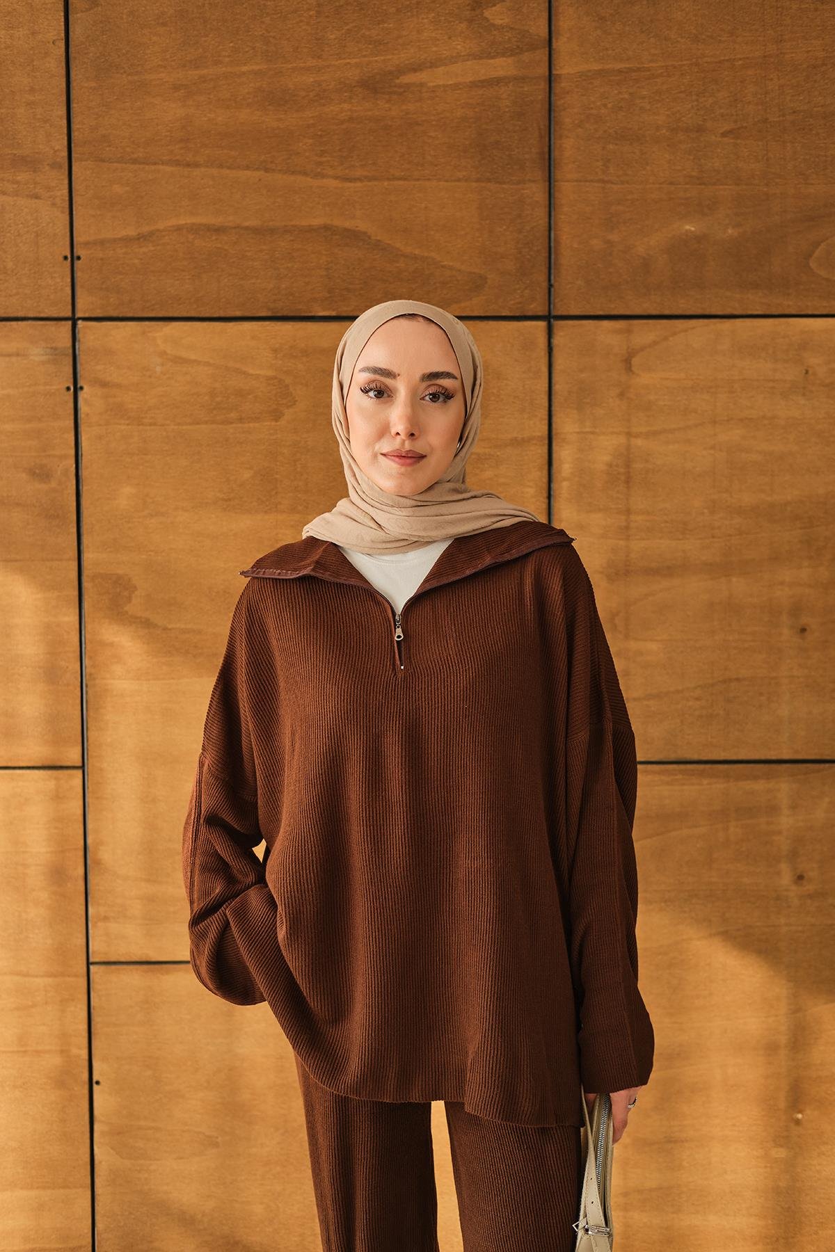 Fermuarlı Triko Takım Kahverengi