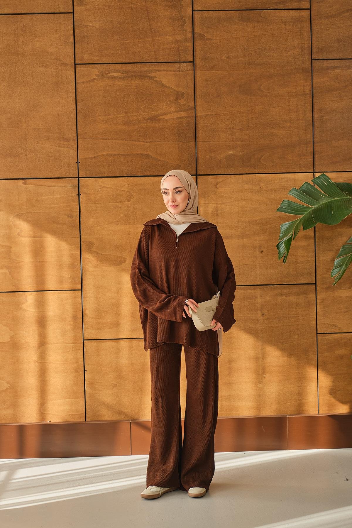 Fermuarlı Triko Takım Kahverengi