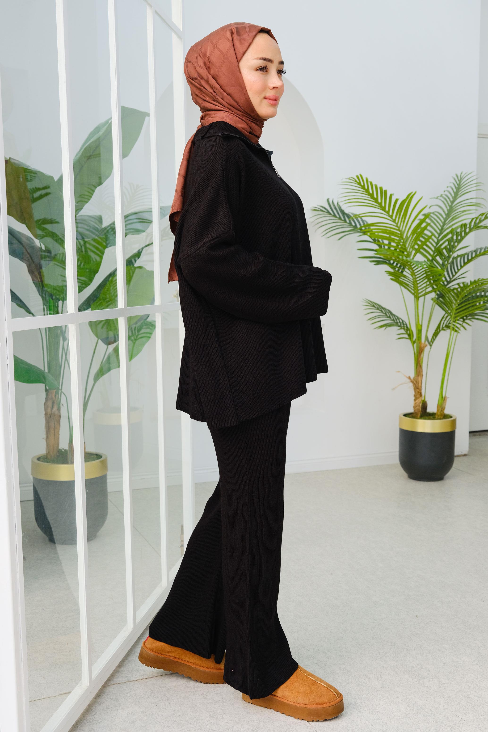 Fermuarlı Triko Takım Siyah