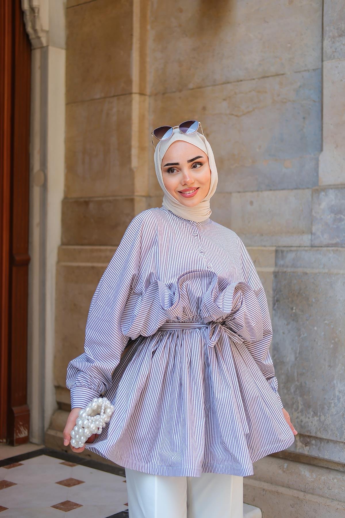 Fiona Grenli Çizgili Gömlek Lacivert