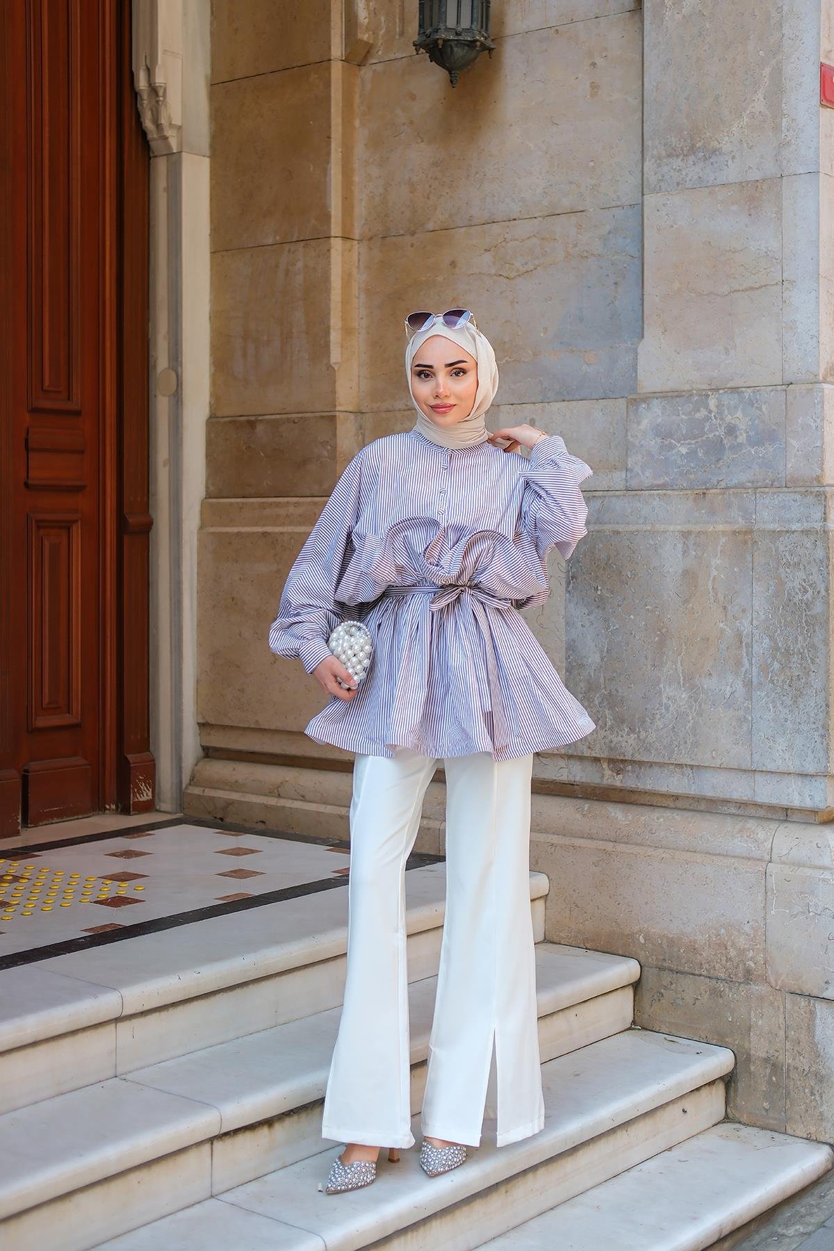 Fiona Grenli Çizgili Gömlek Lacivert