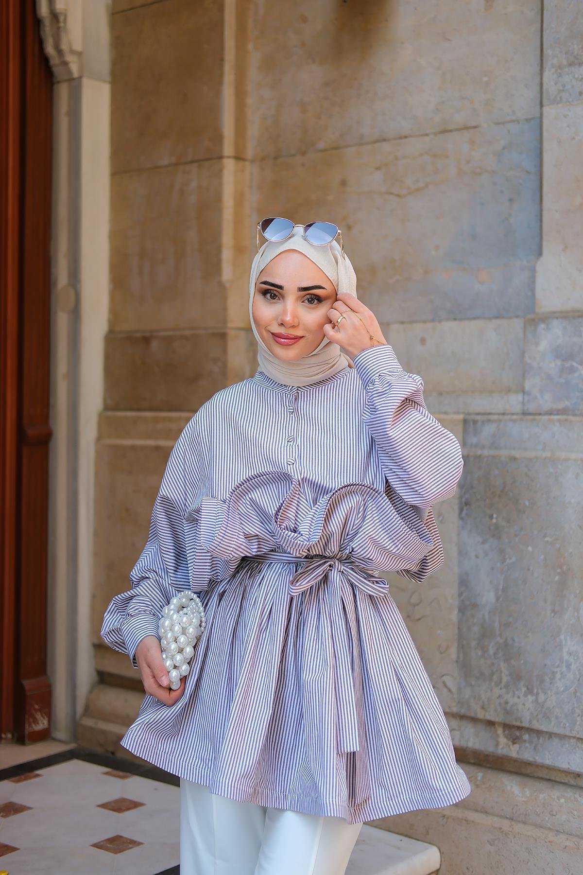 Fiona Grenli Çizgili Gömlek Lacivert