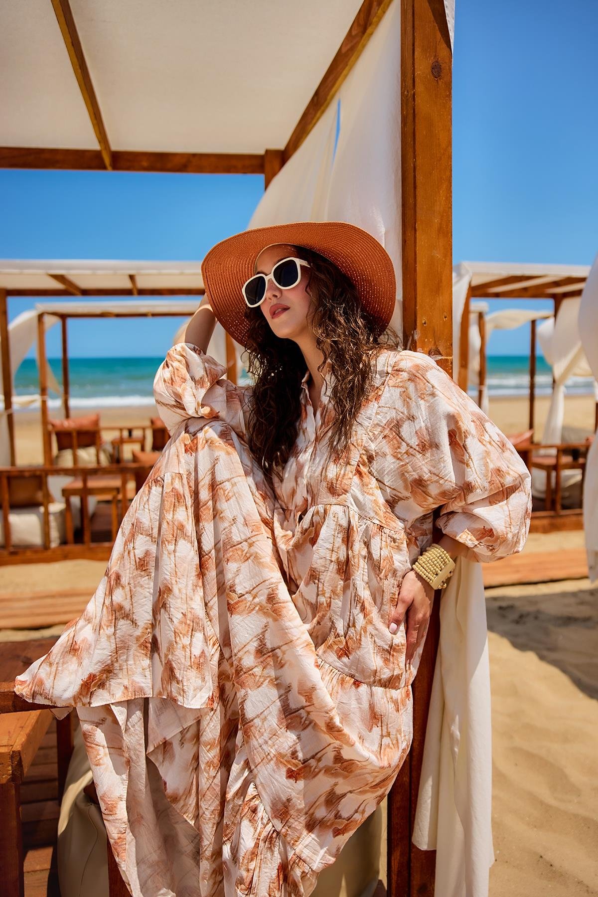 Fırça Desen Elbise Kahverengi