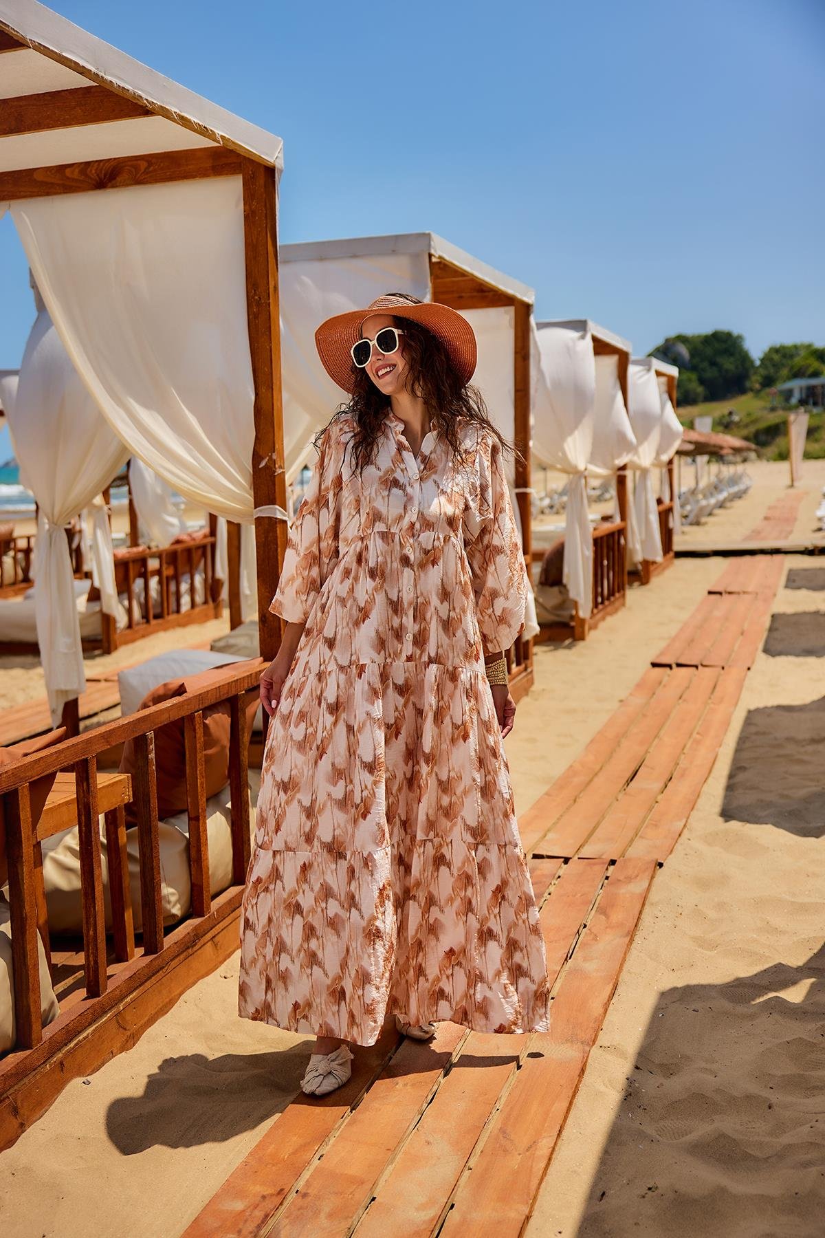 Fırça Desen Elbise Kahverengi