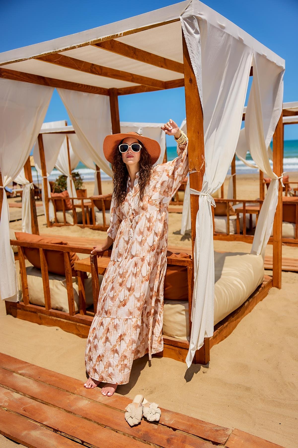 Fırça Desen Elbise Kahverengi