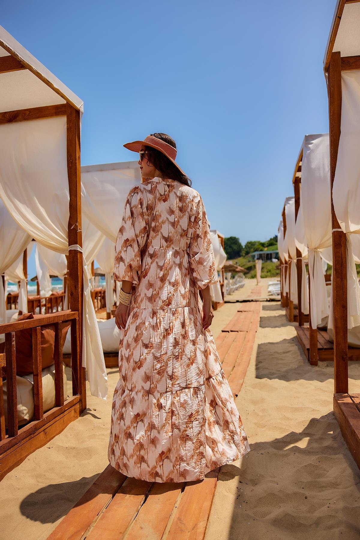 Fırça Desen Elbise Kahverengi