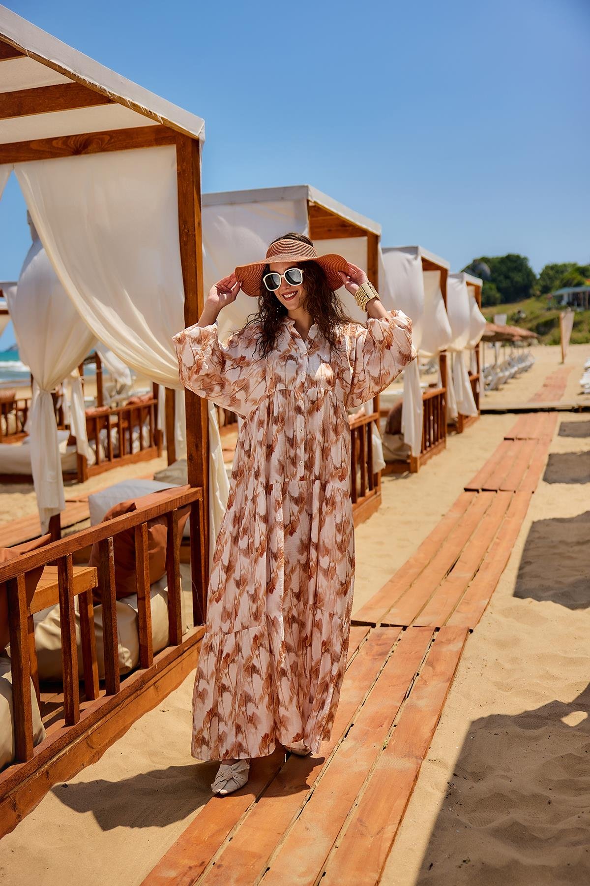 Fırça Desen Elbise Kahverengi