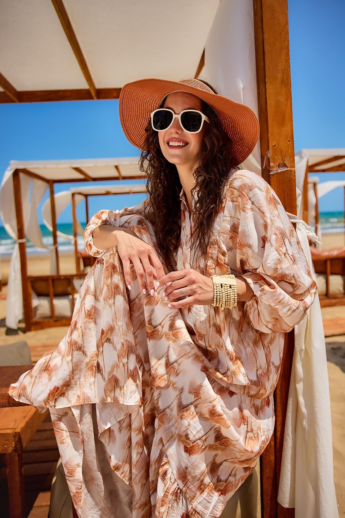 Fırça Desen Elbise Kahverengi