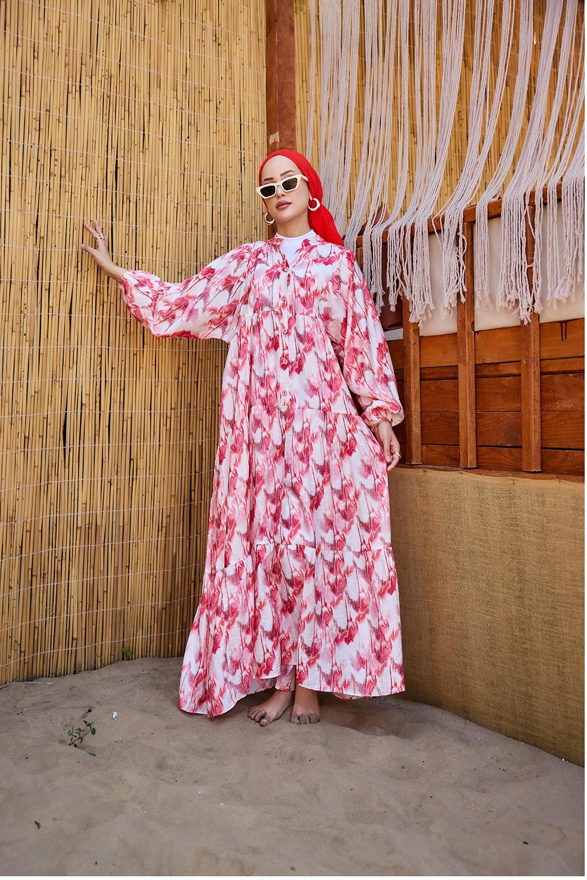 Fırça Desen Elbise Kırmızı