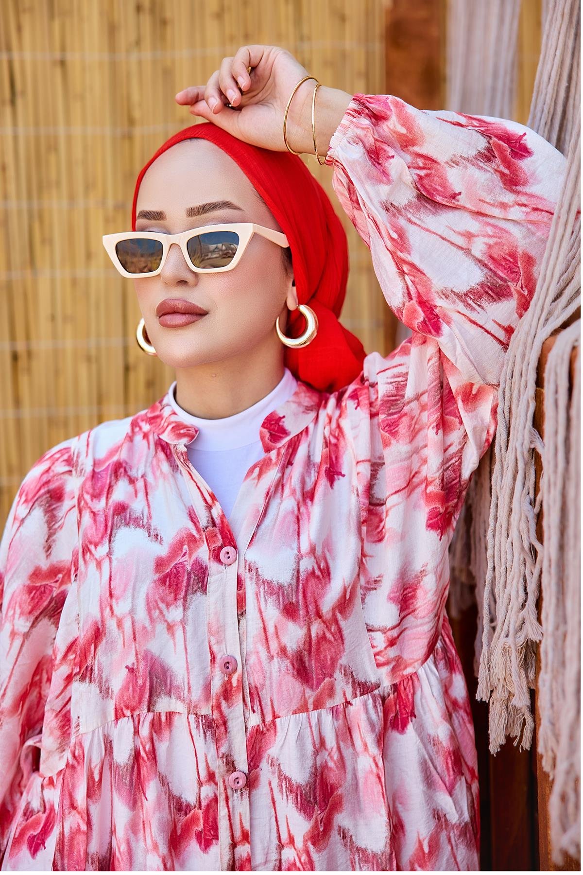 Fırça Desen Elbise Kırmızı