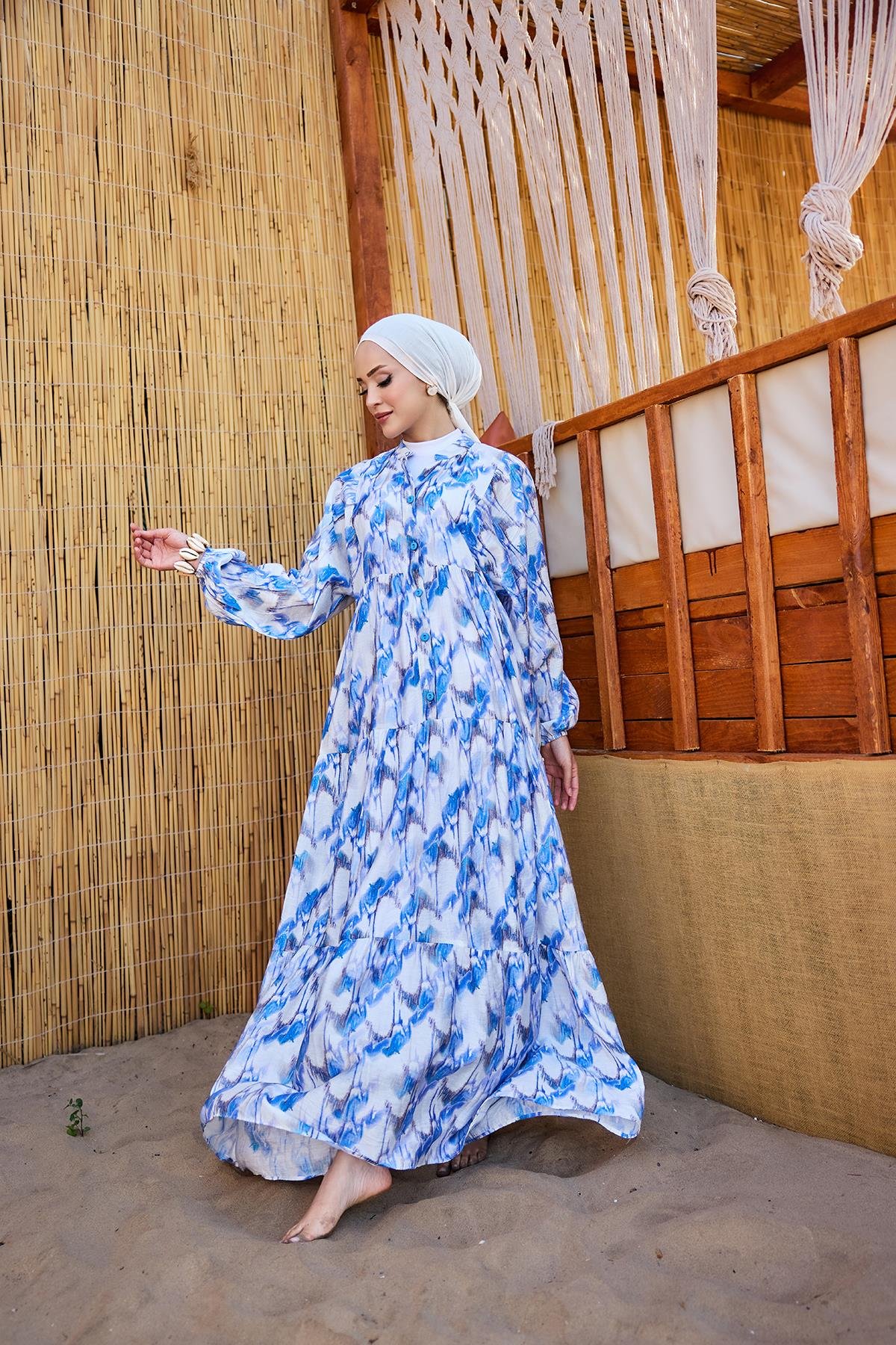 Fırça Desen Elbise Mavi