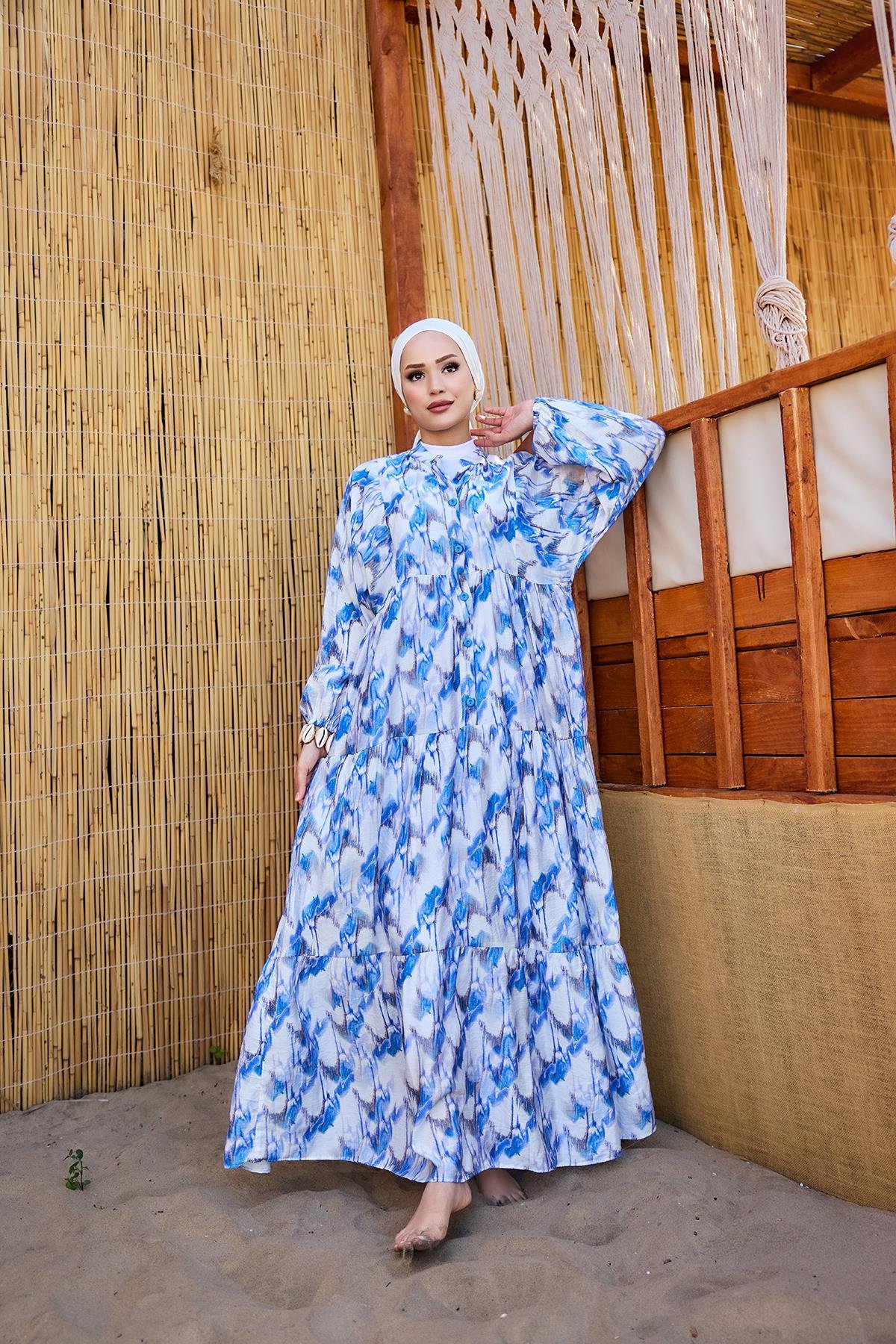 Fırça Desen Elbise Mavi