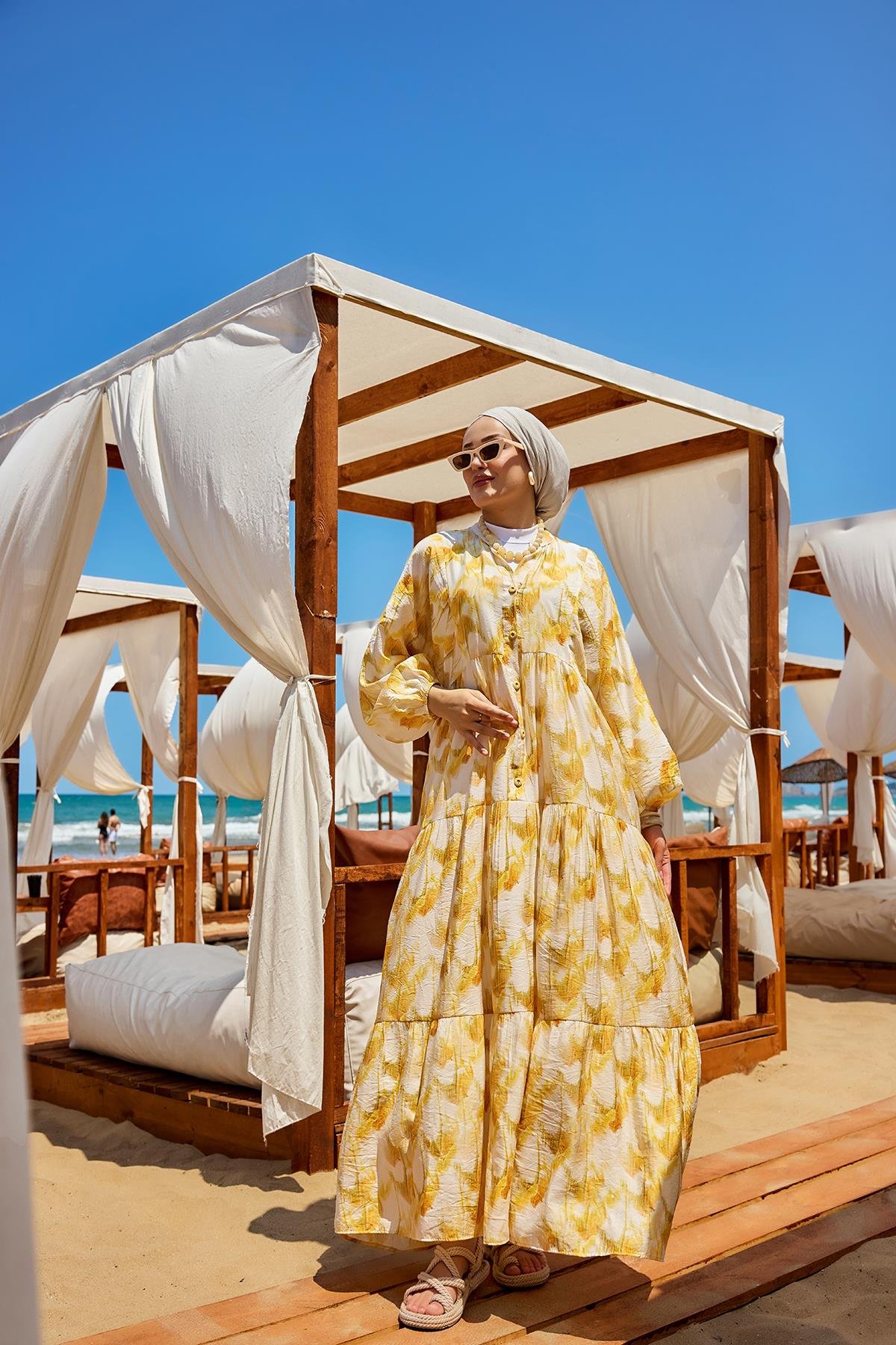 Fırça Desen Elbise Sarı