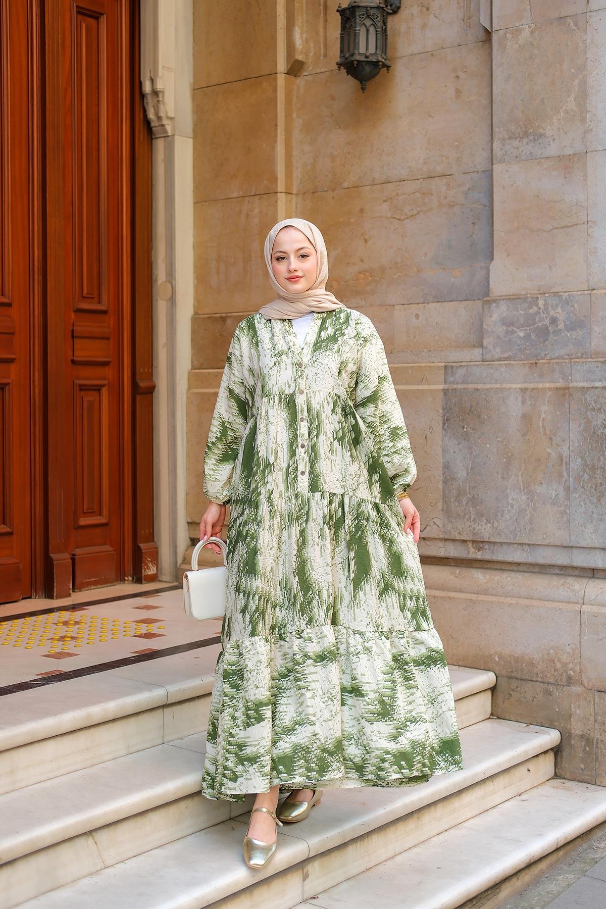 Fırça Desenli Elbise Yeşil