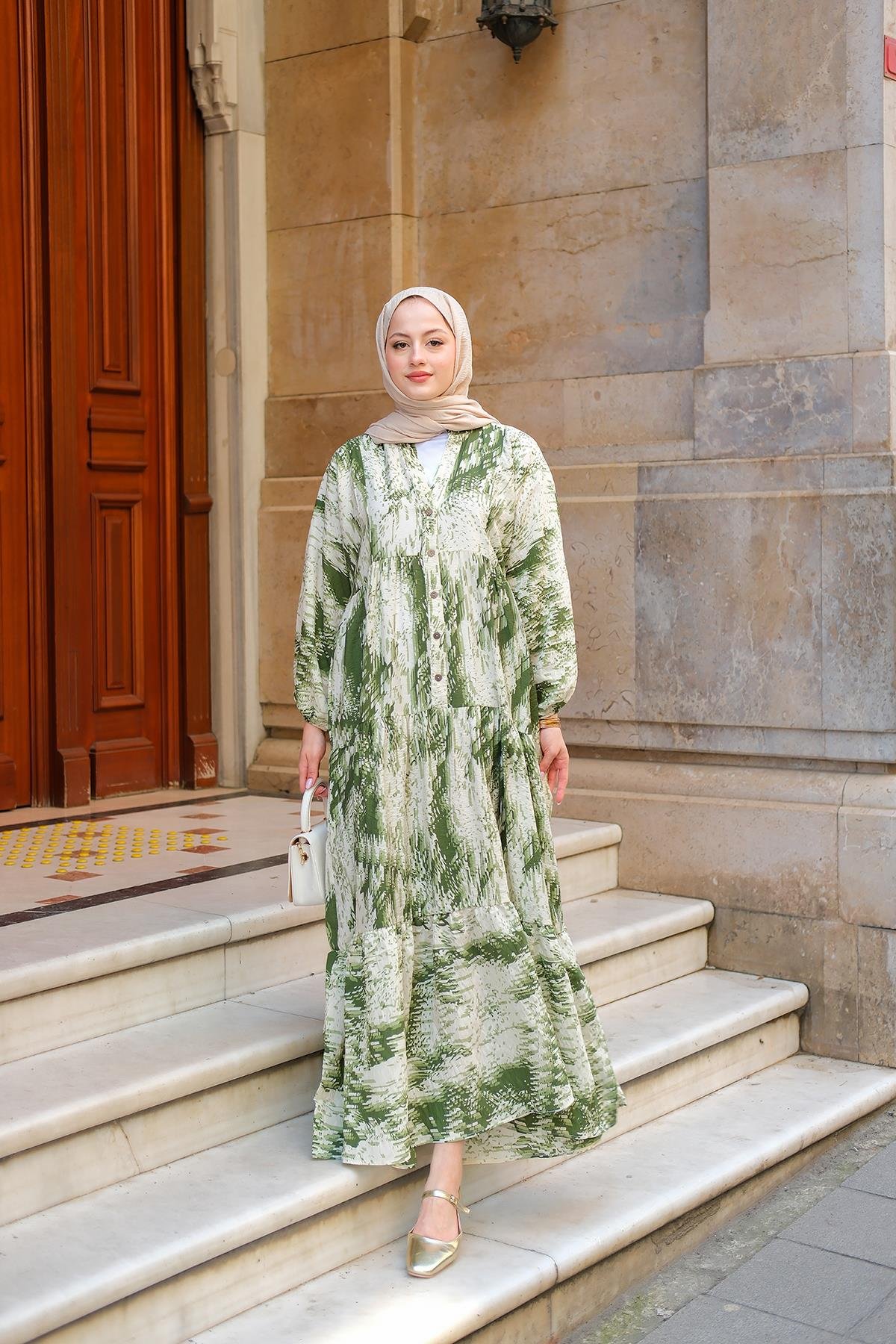 Fırça Desenli Elbise Yeşil